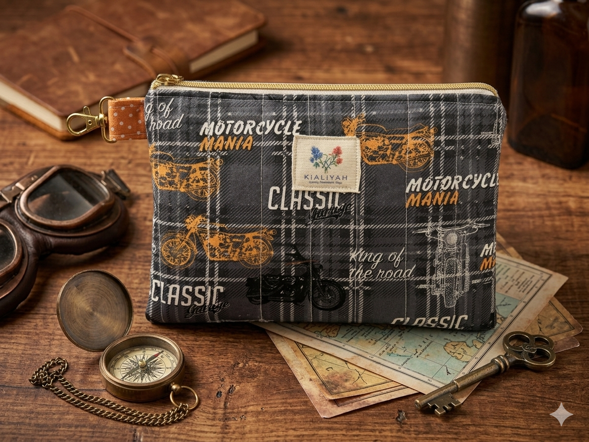 Highway Classic Quilted Wallet canvas zipper pouch featuring a charcoal plaid vintage motorcycle print with an orange polka dot hardware loop flat on a wooden workbench next to a brass compass.
