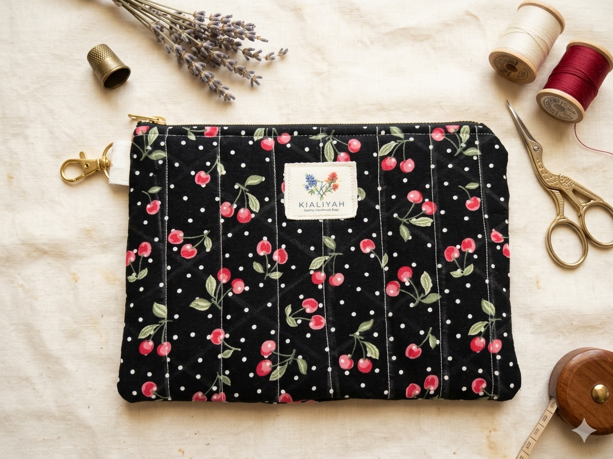 Black Cherry Jubilee Quilted Wallet canvas zipper pouch featuring a black and white polka dot cherry print with vertical stitching and a gold swivel clip flat on a linen cloth next to vintage scissors and thread spools.
