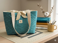 French Quarter Quilted Tote canvas shoulder bag with a dark gray and pink damask print featuring a gray polka dot bow on a wooden cutting board in a sewing studio.