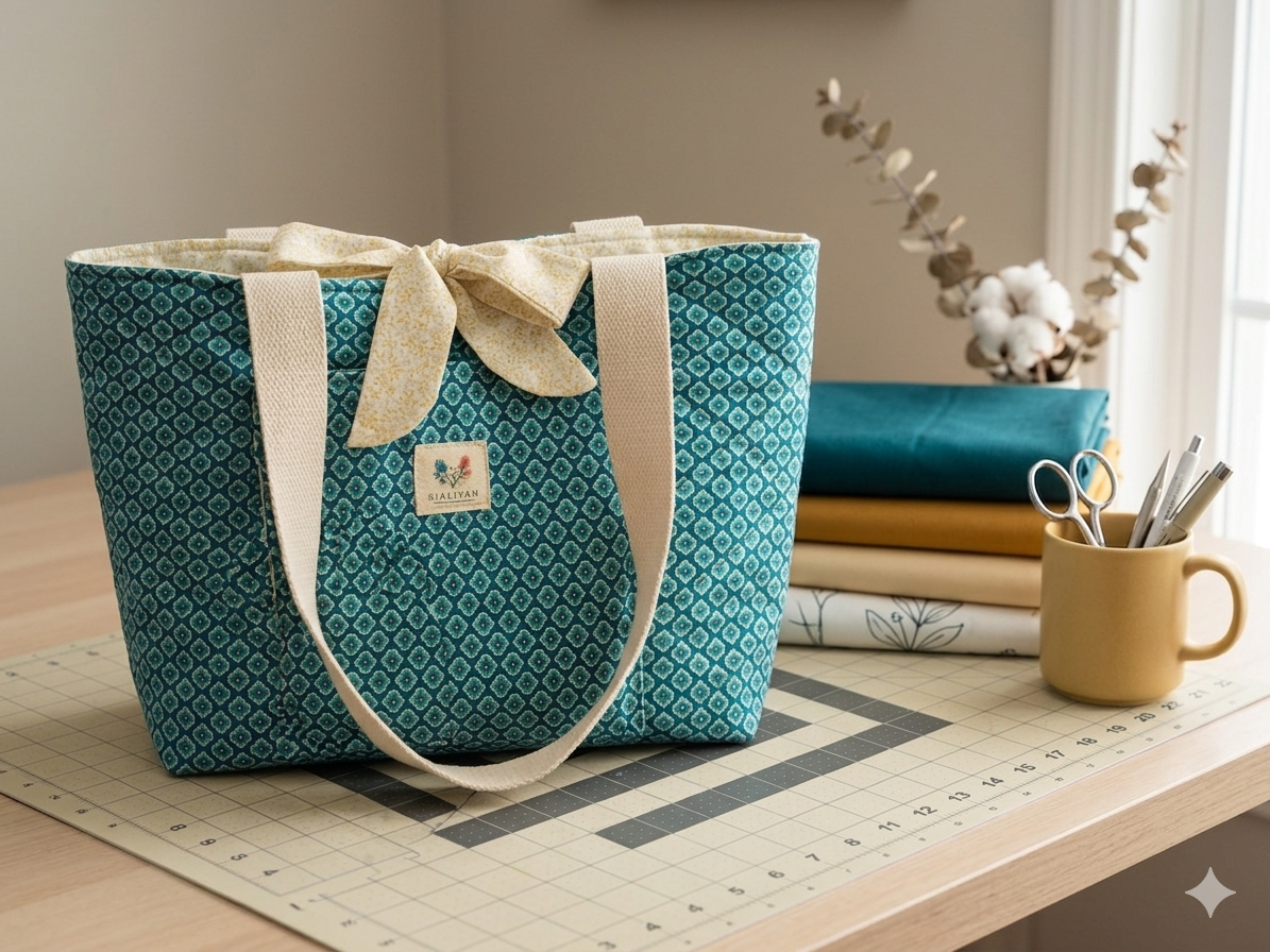 French Quarter Quilted Tote canvas shoulder bag with a dark gray and pink damask print featuring a gray polka dot bow on a wooden cutting board in a sewing studio.
