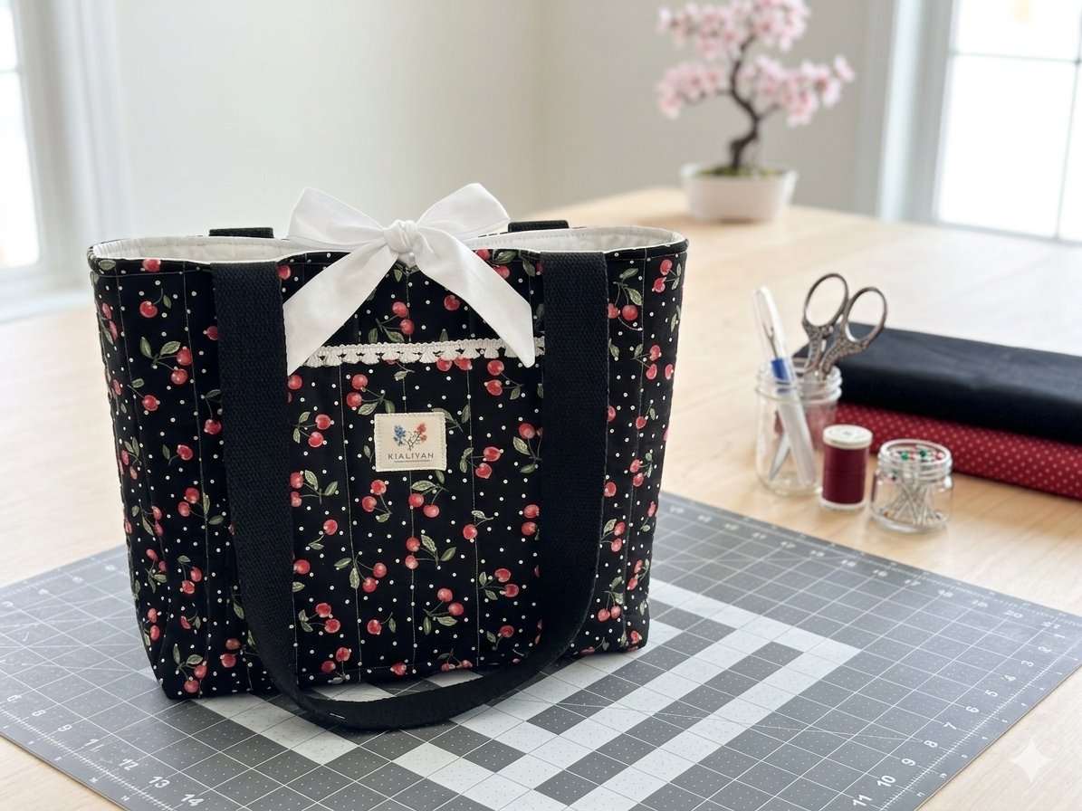 Black Cherry Jubilee Quilted Tote canvas shoulder bag with a black and white polka dot cherry print featuring a white fabric bow and black handles on a gray cutting mat.