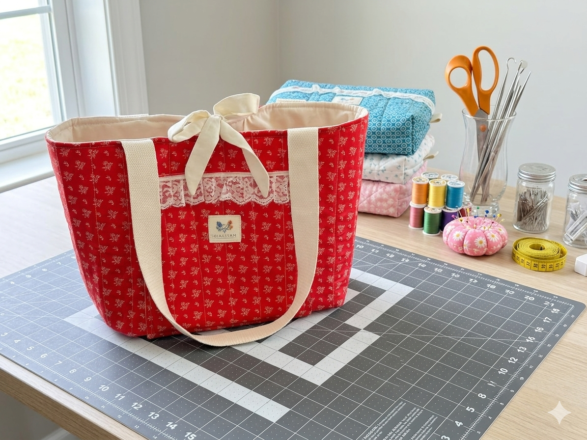 Heritage Homestead Quilted Market Tote canvas shoulder bag with a white chicken wire livestock print hanging on a white wooden wall next to kitchen shelves with mason jars and fresh greens.