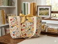 Gold Blossom Quilted Tote bag featuring a dense multi colored wildflower print with red and yellow blossoms, a textured golden yellow top bow closure, and cream canvas shoulder straps on a dark wooden studio table.
