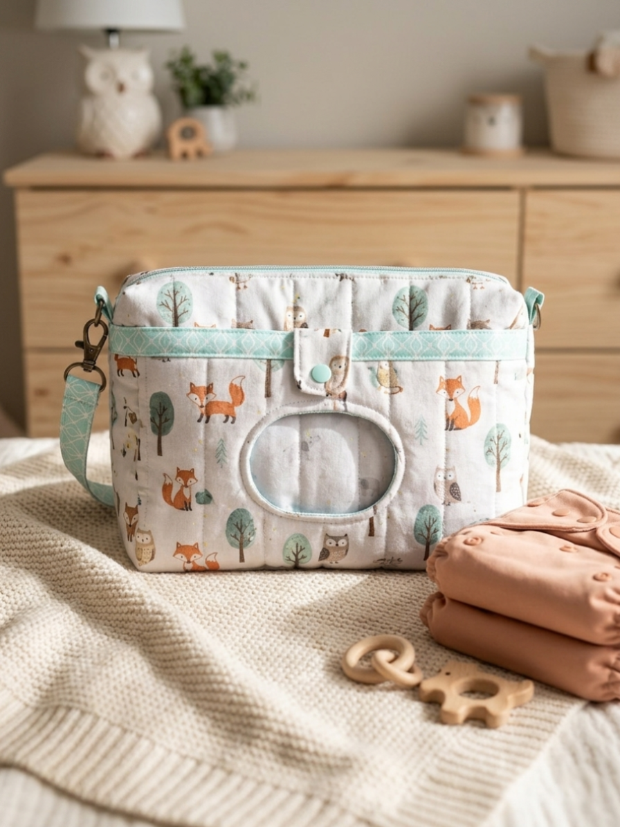 Fox and Owl Quilted Diaper Pouch showcasing an illustrated woodland animal print with mint green geometric trim, a center wipe dispenser window, and a snap closure flap resting on cloth diapers and a knit blanket in a nursery.