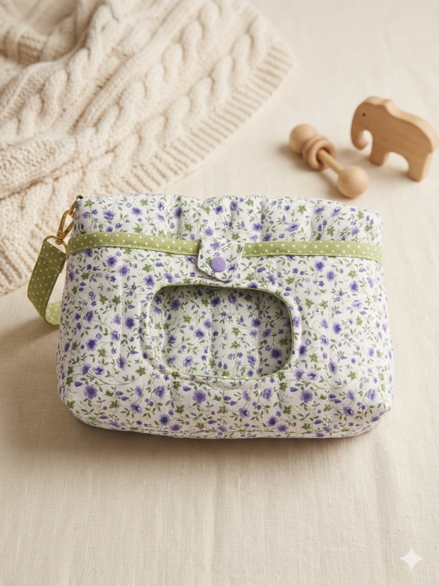 Lavender Lanes Quilted Diaper Pouch showcasing a delicate purple calico floral print with sage green polka dot trim, a center wipe dispenser window, and a snap closure flap on a cream knit blanket next to a wooden toy.