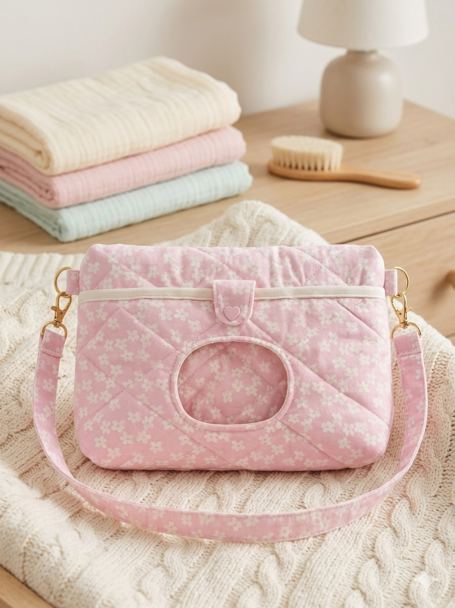 Pink Blossom Quilted Diaper Pouch showcasing a pastel pink ditsy floral print with diamond quilting, an integrated wipe window, a pink heart snap closure, and a matching shoulder strap on a knit blanket.