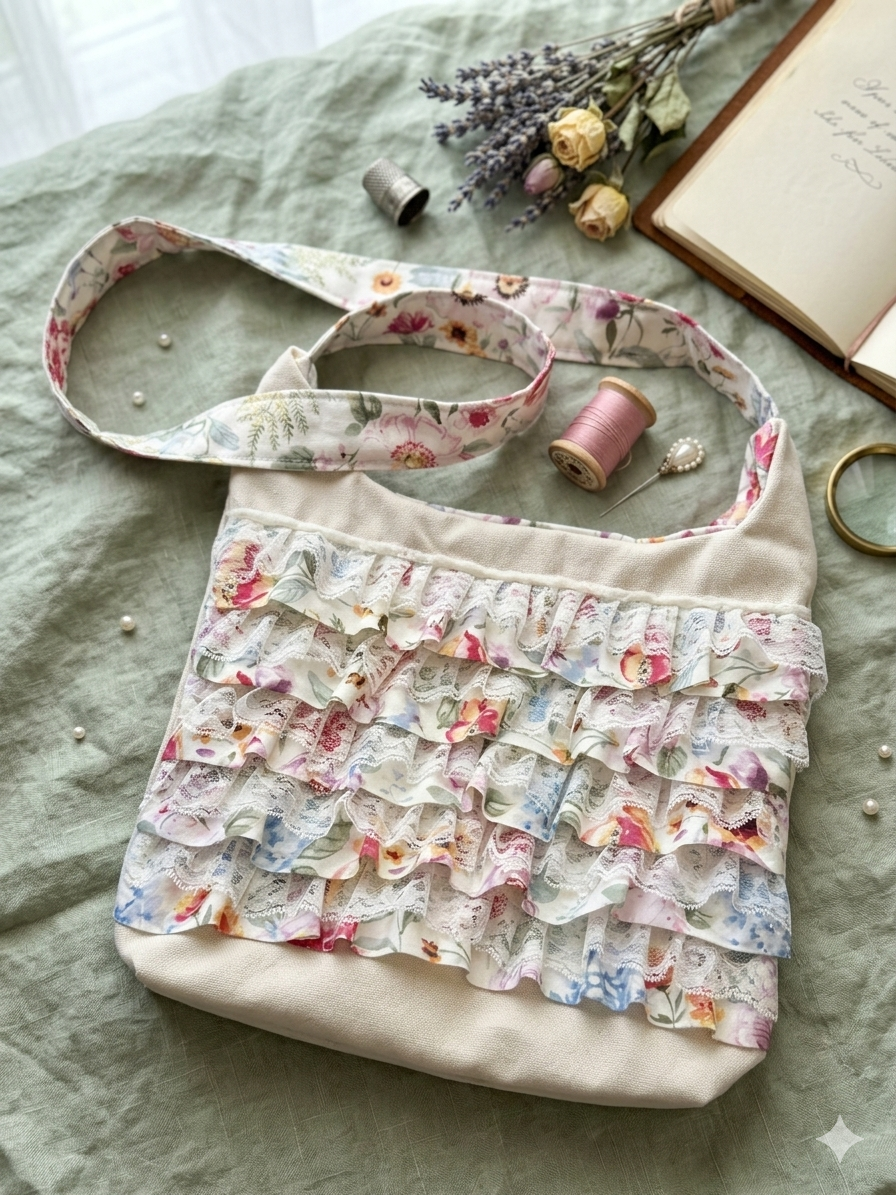 Wildflower Ruffle Shoulder Bag showcasing a cream canvas purse with five tiers of watercolor floral ruffles and white eyelet lace trim, laid flat on a green linen fabric beside dried lavender flowers and a vintage journal.