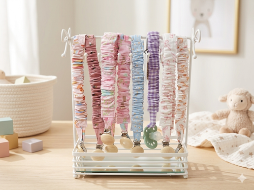Boutique Fabric Pacifier Clips showcasing seven different ruched cotton print options hanging on a white tabletop metal display rack beside a wicker basket and a plush lamb toy.