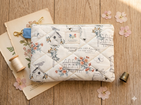 Bee Hive quilted canvas wallet pouch with an inspiring honeybee print and proverb scripture text, featuring dual gold swivel clips and a blue accent tab on a wooden table next to a vintage spool and thimble.