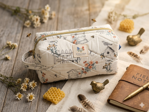 Bee Hive Quilted Cosmetic Case canvas makeup bag featuring a cream honeybee and picket fence botanical print, a matching fabric grab handle, and a top zipper on a rustic wooden table next to a leather notebook and honeycomb.