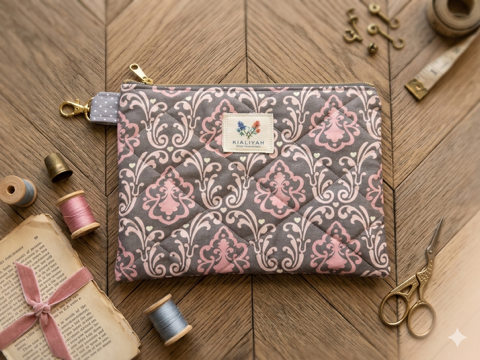 Vintage Damask quilted canvas wallet pouch with a charcoal grey and blush pink damask pattern, a gold zipper and clasp, a grey polka dot wristlet loop, and a central fabric brand label on a wooden table.