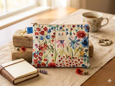 Cottage Garden quilted canvas wallet pouch with a colorful watercolor flower and poppy print, featuring a blue accent tab and a gold swivel clip resting on wooden blocks.