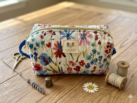 Cottage Garden Quilted Makeup Bag canvas cosmetic case featuring a white floral watercolor print, a blue fabric grab handle, and a top zipper on a wooden table next to thread spools and a thimble.