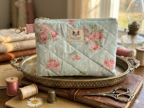 Pastel Rose and Polka Dot quilted canvas wallet pouch with a light blue floral rose print, featuring a pink polka dot accent tab and gold swivel clip on a vintage brass tray.