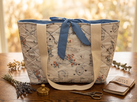 Bee Hive quilted canvas market tote bag featuring a cream honeybee and birdhouse pattern, front pocket with brand label, wide cream shoulder straps, and a slate blue ribbon bow closure on a wooden table.