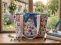 Cottage Garden quilted canvas tote bag featuring a vibrant red, pink, and blue watercolor wildflower pattern, front pocket with brand label, wide cream shoulder straps, and a blue polka dot ribbon bow closure.