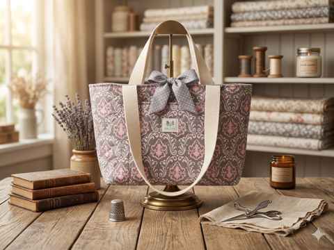 Vintage Damask quilted canvas market tote bag featuring a charcoal grey and blush pink damask pattern, front pocket with brand label, wide cream shoulder straps, and a grey polka dot ribbon bow closure.