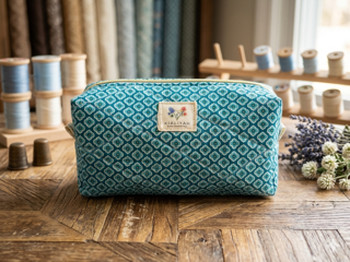 French Quarter Quilted Makeup Bag boxy cosmetic case featuring a charcoal gray and blush pink damask print, a gray polka dot handle, and gold zipper on a wooden cutting board.
