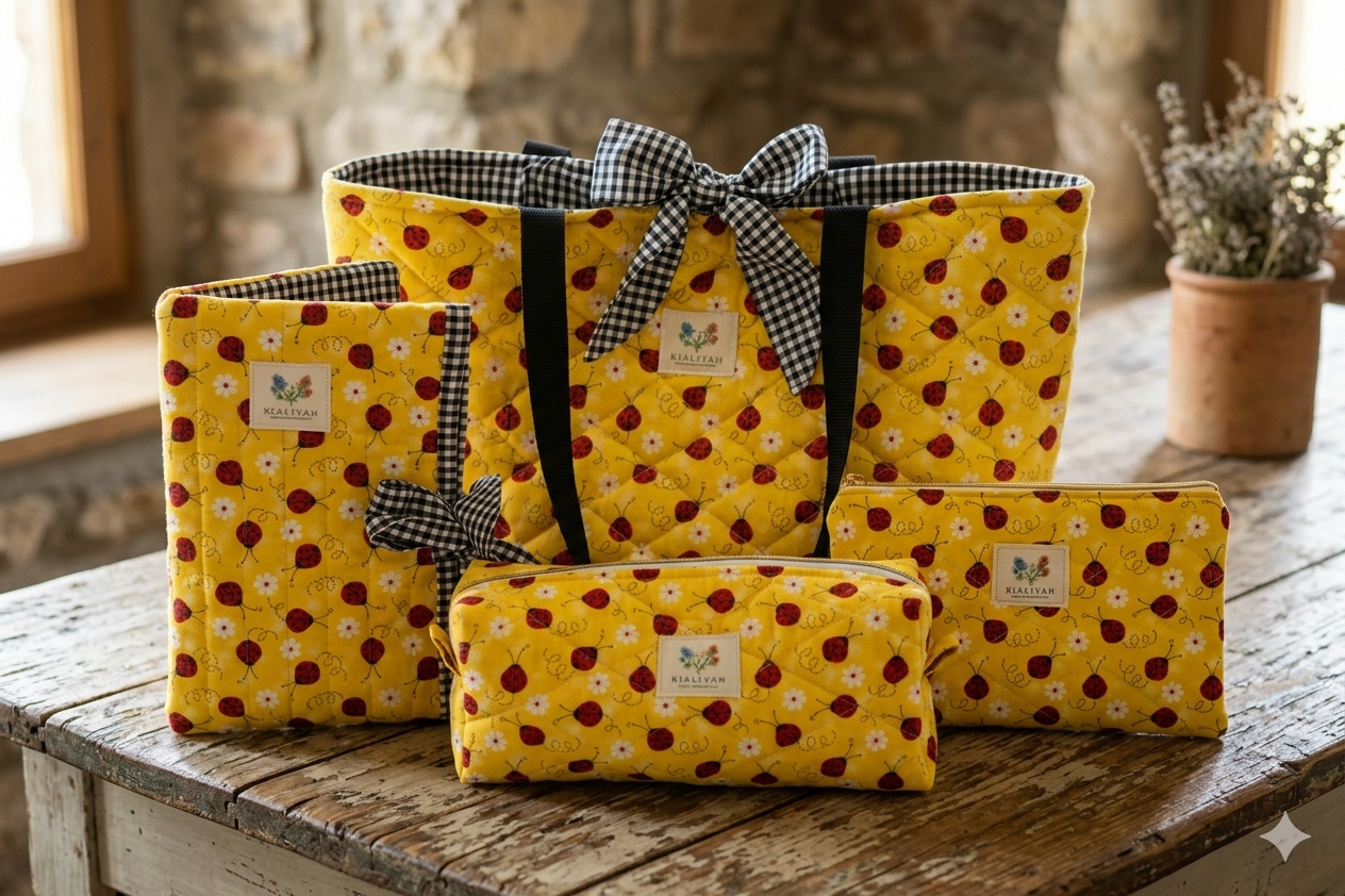 Ladybug Quilted Bundle featuring a matching yellow canvas tote bag with a black and white gingham bow, a boxy cosmetic case, a flat wallet pouch, and a tied notebook sleeve on a rustic wooden table.
