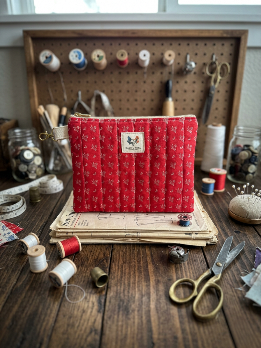 Red fabric pouch with a brand label on a wooden table with sewing supplies