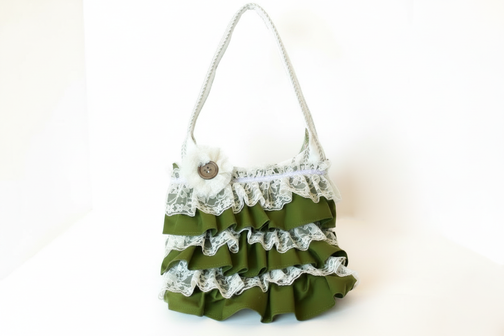 The Olive & Lace Romantic Ruffle Shoulder Bag featuring a muted olive green canvas body with a cream floral lace overlay, a gathered top ruffle collar, vertical channel quilting, wide cream shoulder straps, and a centered white KIALIYAH label.