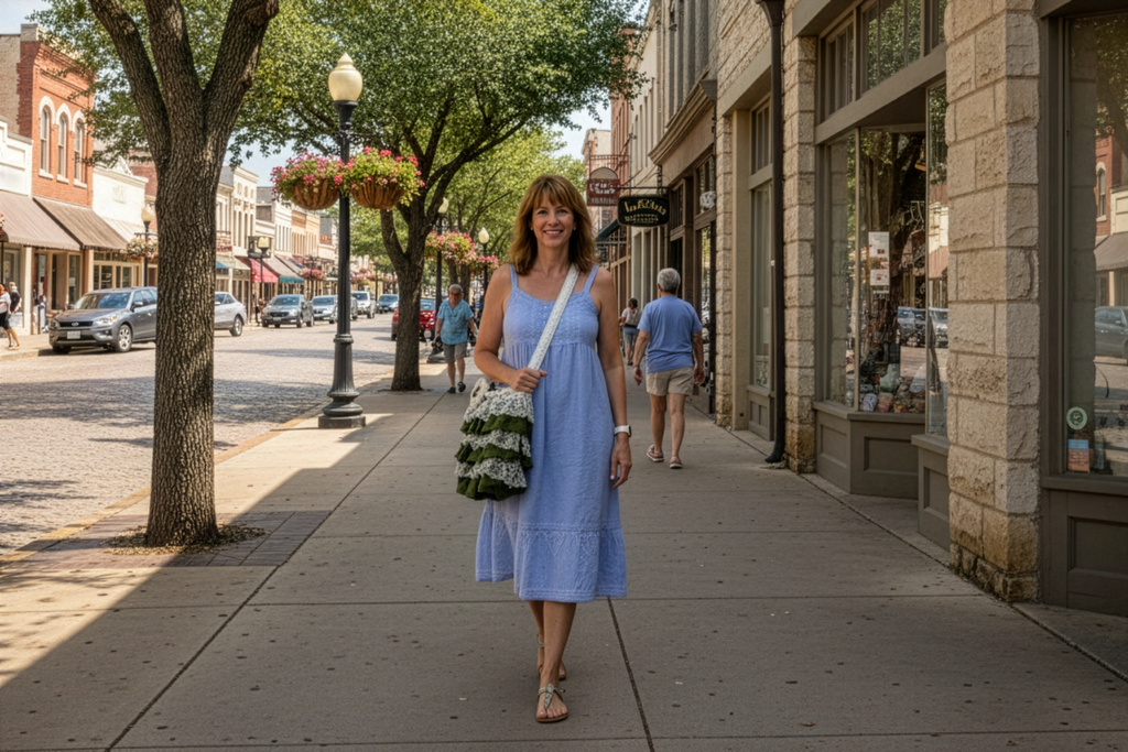Woman in a blue dress walking on a sidewalk in a small town setting.