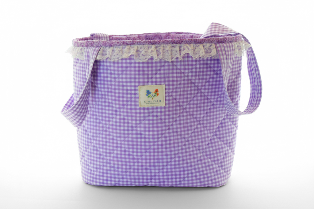 Purple checkered bag with a visible brand logo on a white background