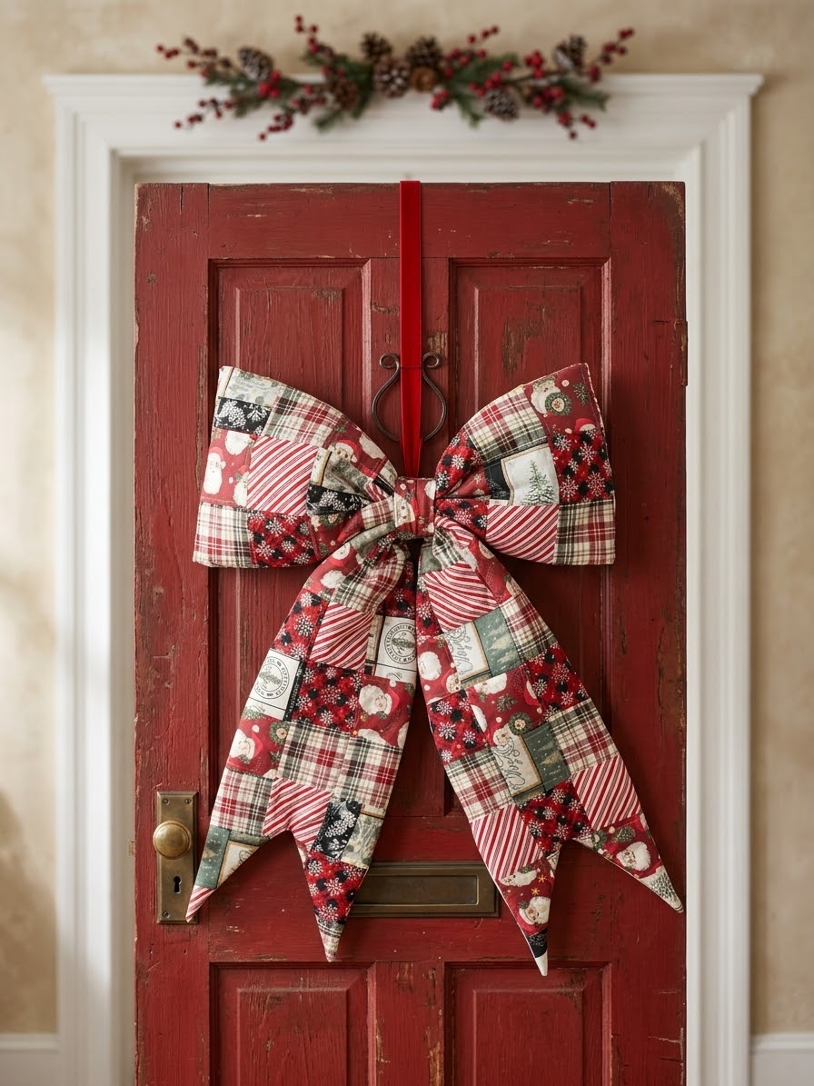 A large Christmas bow made from red, white, and green plaid and holiday-themed fabric patches hangs on a distressed red front door, with a garland visible above in a white door frame.