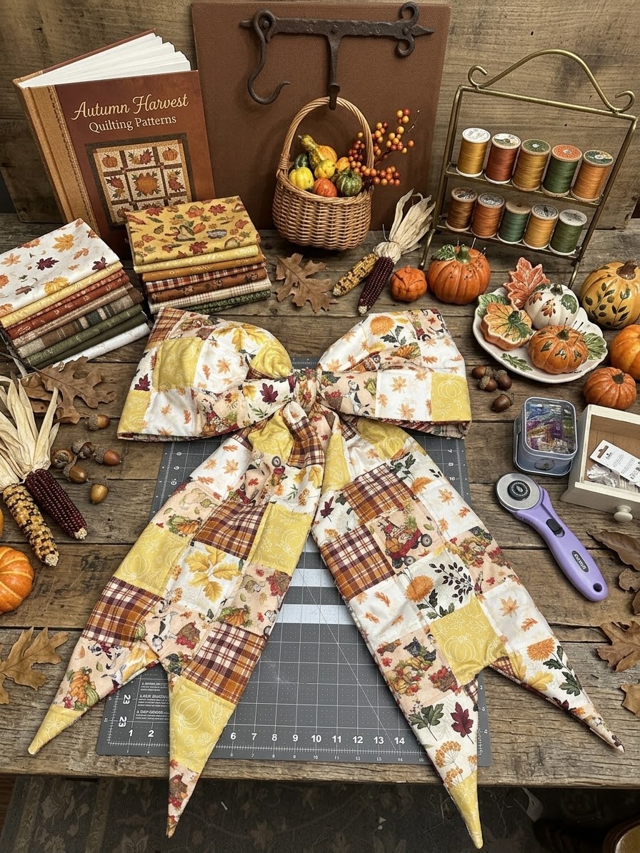 A large autumn-themed fabric bow made from patchwork quilts in fall colors, displayed on a wooden table surrounded by quilting supplies, pumpkins, and a quilt pattern book.