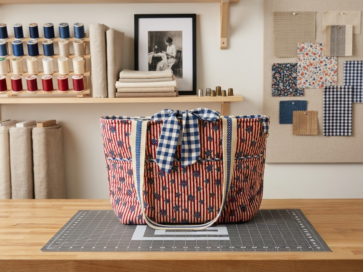Handcrafted 3-pocket diamond-quilted tote bag featuring a red-and-white stripe and navy star pattern, a large navy-and-white gingham center fabric tie bow, and cream webbed shoulder straps lined with polka-dot ribbon.