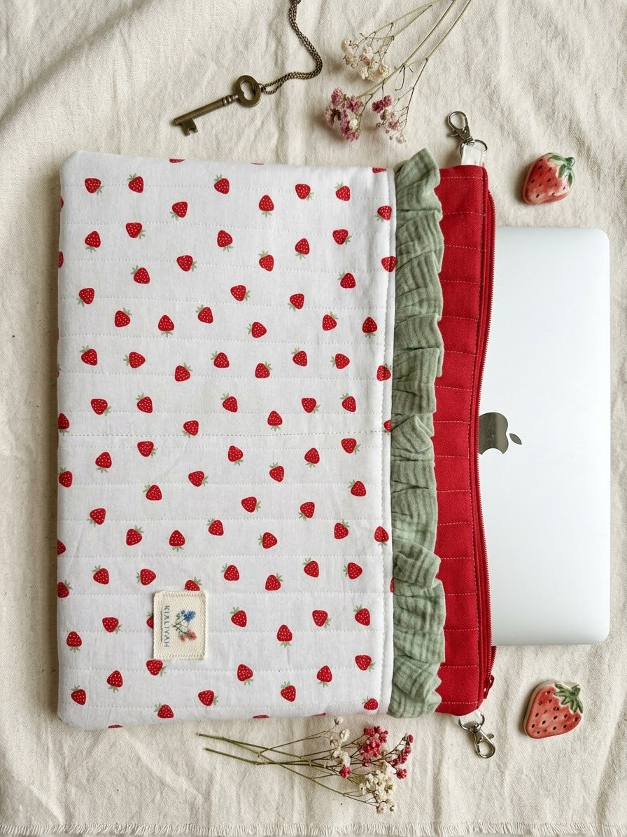 A quilted fabric laptop sleeve with a white background, red strawberry pattern, and a red ruffled zipper, shown on a beige linen background with a silver laptop, decorative key, and dried flowers.