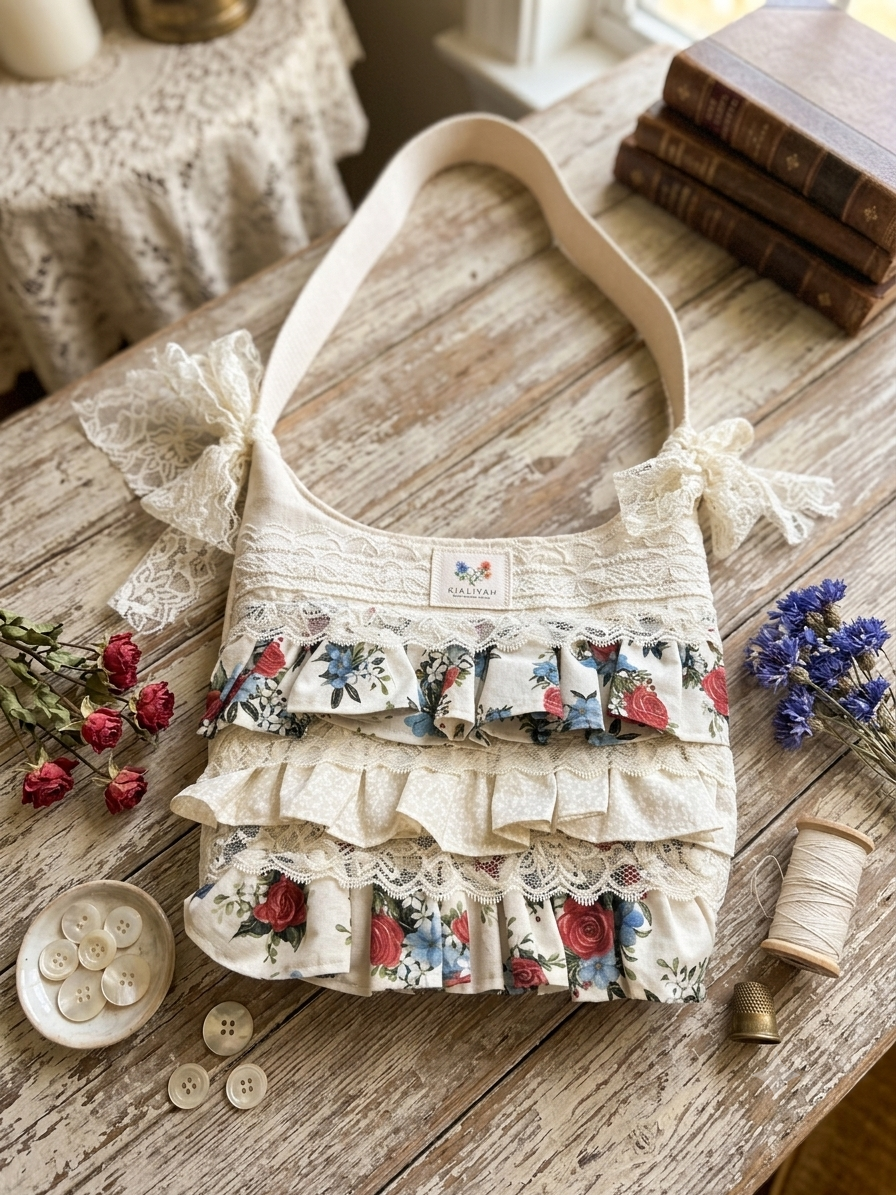 Vintage Rose Tiered Ruffle Purse showcasing a handmade cream shoulder bag with alternating tiers of red and blue rose print ruffles, detailed with wide eyelet lace borders and two large lace bows on a rustic wooden table.