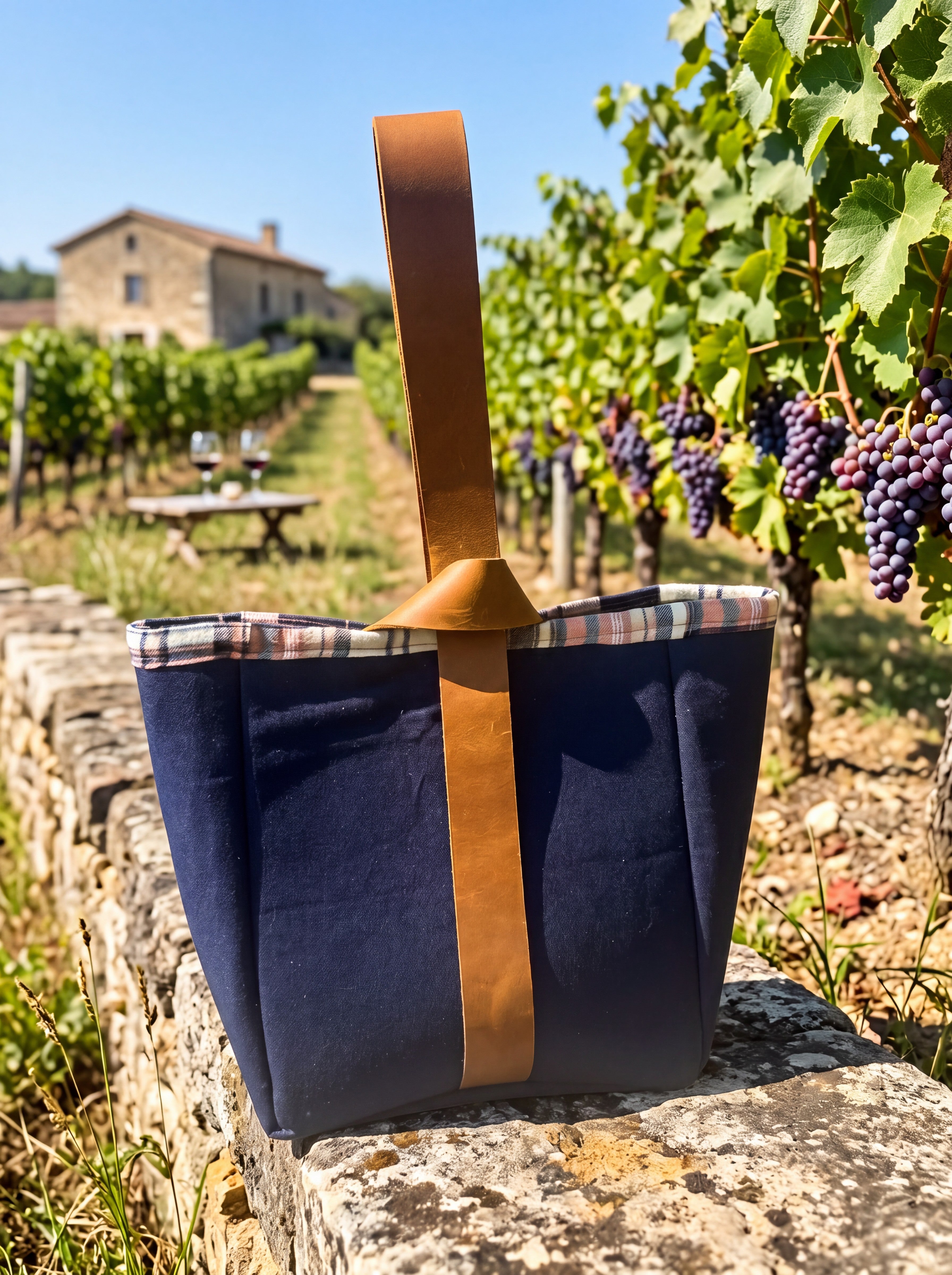 Large Navy Flannel-Rimmed Wine Tote featured in Large Wine Bag.png showcasing a deep navy canvas bottle carrier with a plaid flannel rim and a rich caramel leather loop-knot handle sitting on a stone wall with a vineyard background.